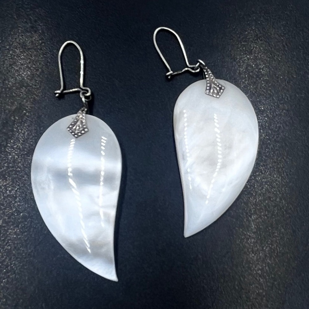Artisan Handcrafted Leaf Petal White Mother of Pearl Sterling Drop EarringS